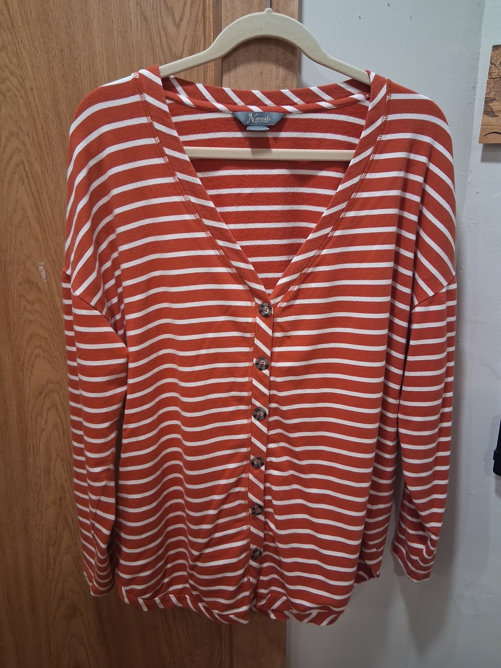 Natural Reflections Orange and White Striped Button-Front V-Neck Top